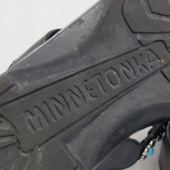 Minnetonka Black Thong Flip Flop Sandal w/ Silver Turquoise Flower Strap Size 11 - Picture 7 of 12